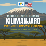 MedTechVets Climbs Kilimnajaro Fundraiser graphic, with Kilimanjaro mountain range in back and the MTV and American Flag at the summit